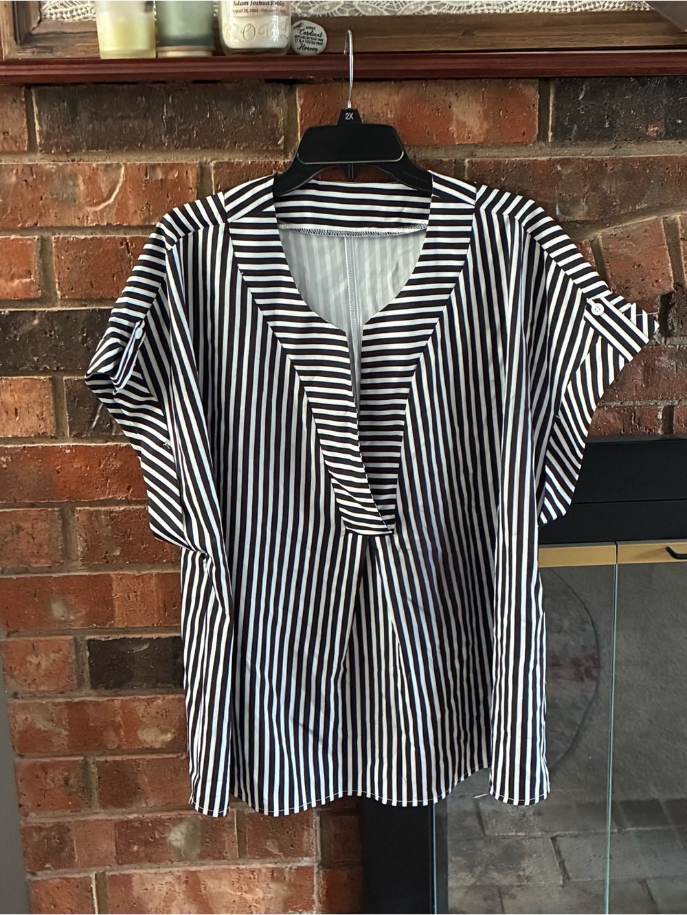 SHEIN Black and White Striped V-Neck Blouse